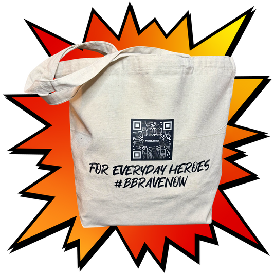 White tote bag with QR code and text on a colorful starburst background